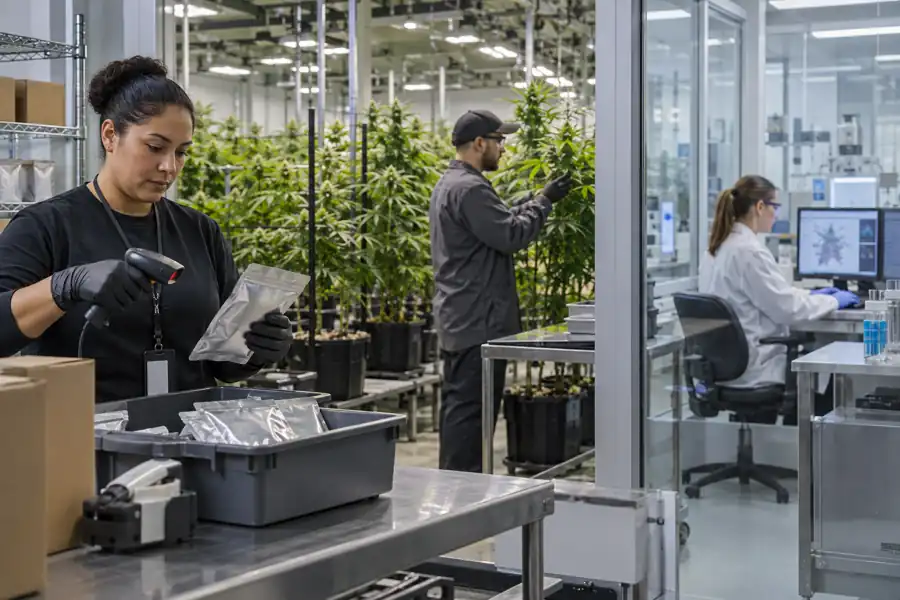 Cannabis inventory cultivation and laboratory professionals working in a regulated operation