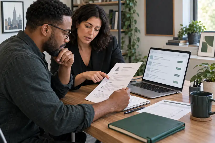 New York cannabis job seeker reviewing a resume and job listings with a career mentor