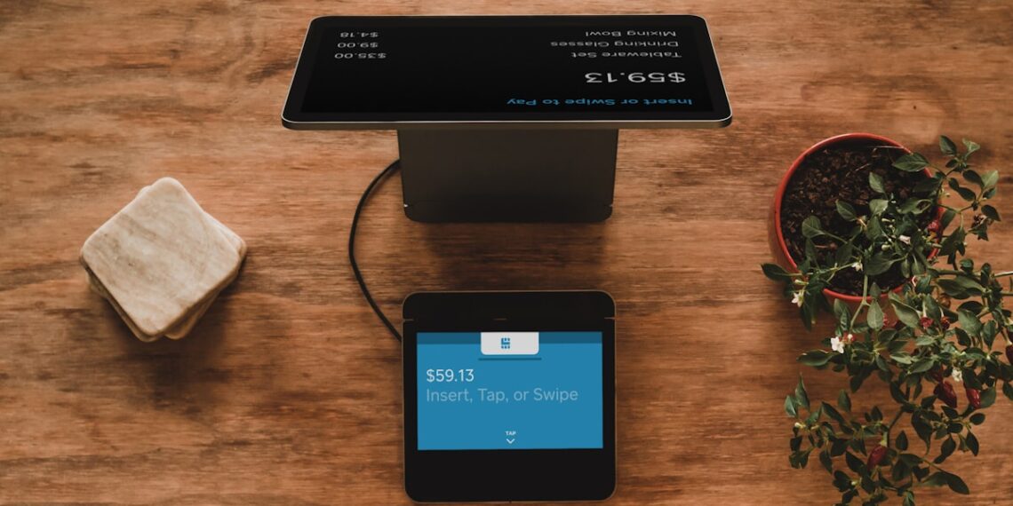 Point-of-sale terminal and retail technology at a checkout counter