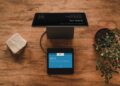 Point-of-sale terminal and retail technology at a checkout counter