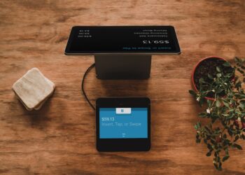Point-of-sale terminal and retail technology at a checkout counter